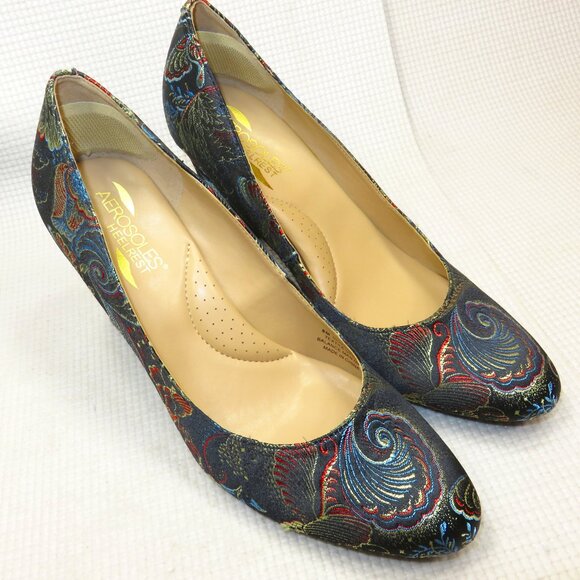 Aerosoles Heelrest Octagon Heels Pump Black Metallic Floral Fabric Womens Sz 8M - Picture 1 of 11